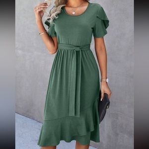 Petal Sleeve Ruffle Trim Wrap Belted Midi Dress